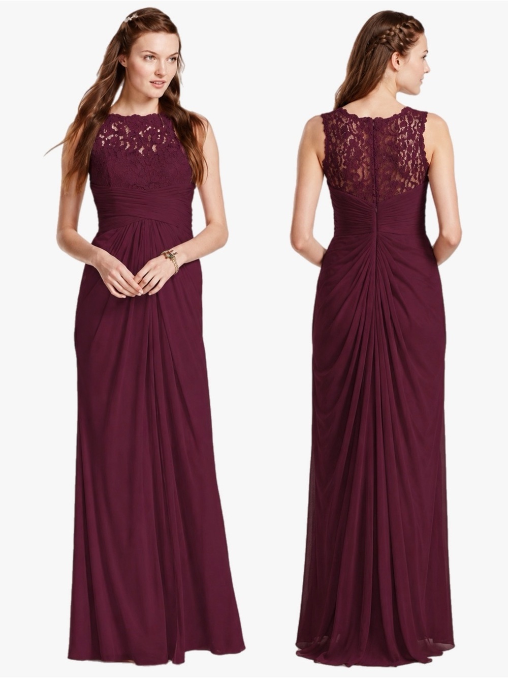 David’s Bridal Wine Burgundy Lace Chiffon Elegant Yoke Bridesmaid Gown Size 6